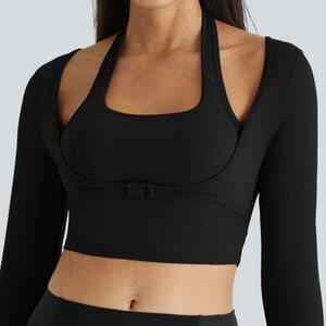 Halara SoftlyZero Black Long Sleeve Thumb Hole Cropped Halter Active Top Plus 3X